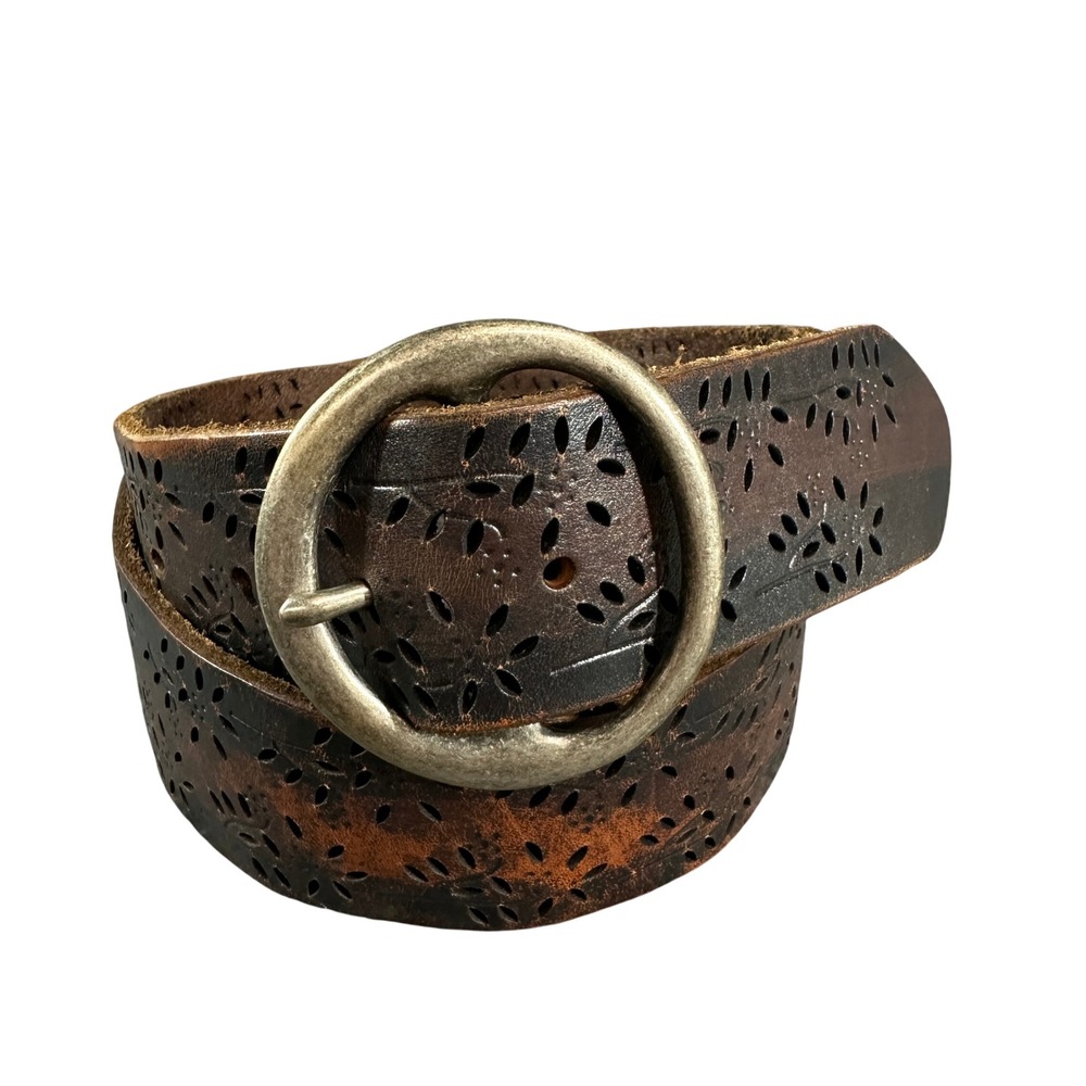 Dark Brown Perforated Floral Leather Belt Round Brass Buckle Boho Wide 40 Inch
